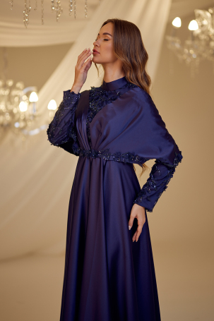 Cloaked Motif Detail Gülşah Evening Dress - Navy Blue - 3