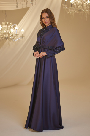 Cloaked Motif Detail Gülşah Evening Dress - Navy Blue - 4