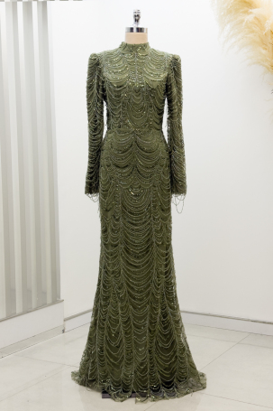 Cluster Bead Detail Melinda Evening Dress - Khaki 