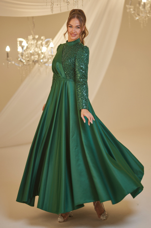 Detailed Pleated Satin Sequin Evening Dress - Emerald - Burak Baran