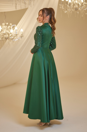 Detailed Pleated Satin Sequin Evening Dress - Emerald - 2