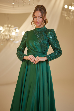 Detailed Pleated Satin Sequin Evening Dress - Emerald - 3