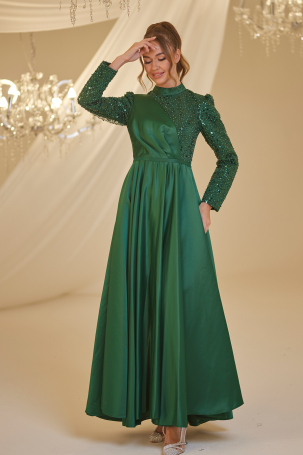 Detailed Pleated Satin Sequin Evening Dress - Emerald - 4
