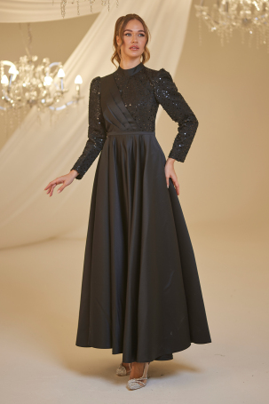Detailed Sequin Satin Evening Dress - Black - Burak Baran