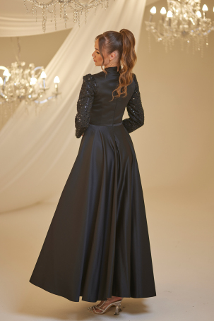 Detailed Sequin Satin Evening Dress - Black - 2
