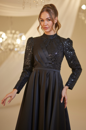 Detailed Sequin Satin Evening Dress - Black - 3