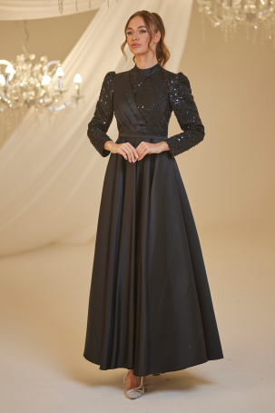 Detailed Sequin Satin Evening Dress - Black - 4