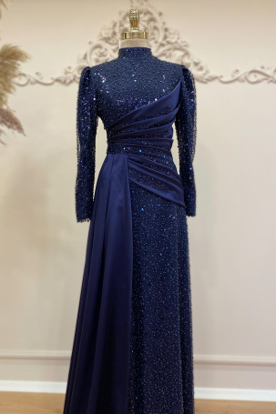Drape Boncuk Detay Kuyruklu Mimoza Abiye - Lacivert - 3