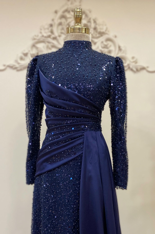 Drape Boncuk Detay Kuyruklu Mimoza Abiye - Lacivert - 4