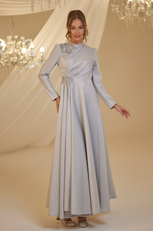 Embroidered Nil Evening Dress - Gray - Burak Baran