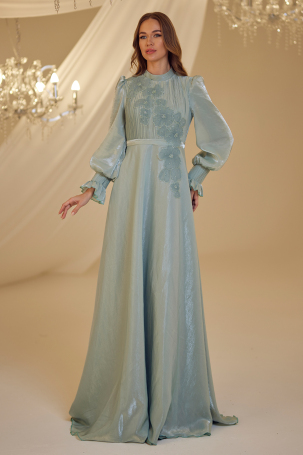 Embroidered Nile Evening Dress - Aqua Green - Burak Baran