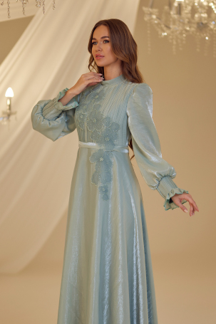 Embroidered Nile Evening Dress - Aqua Green - 4