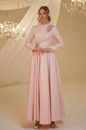 Embroidered Satin Rose Evening Dress - Powder - Burak Baran