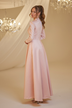 Embroidered Satin Rose Evening Dress - Powder - 2