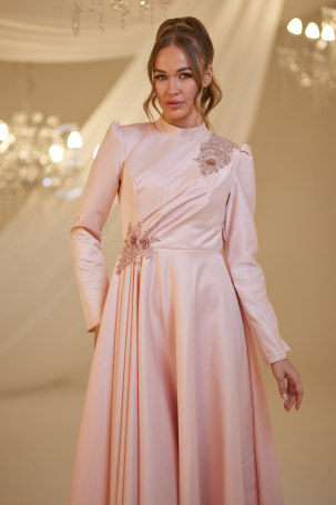 Embroidered Satin Rose Evening Dress - Powder - 3