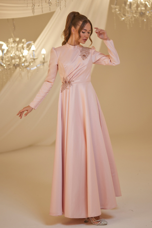 Embroidered Satin Rose Evening Dress - Powder - 4