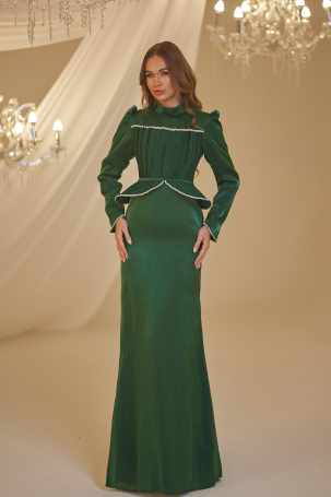 Emerald Beaded Peplum Detail Efsun Evening Dress 