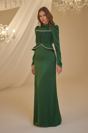 Emerald Beaded Peplum Detail Efsun Evening Dress - 2