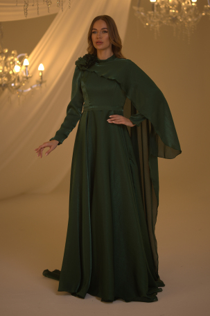 Emerald Evening Dress with Cape and Flower Details 