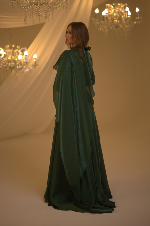 Emerald Evening Dress with Cape and Flower Details - 2