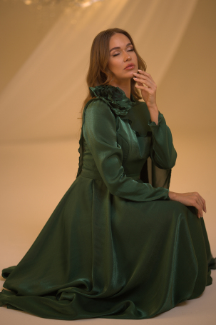 Emerald Evening Dress with Cape and Flower Details - 3