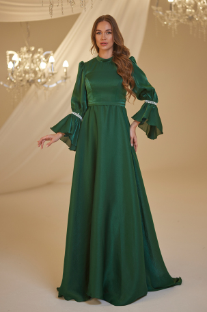 Emerald Pearl Beaded Sleeve Evening Dress 