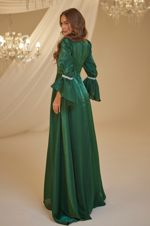 Emerald Pearl Beaded Sleeve Evening Dress - 2