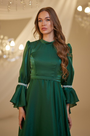 Emerald Pearl Beaded Sleeve Evening Dress - 3