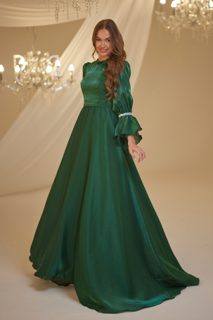 Emerald Pearl Beaded Sleeve Evening Dress - 4