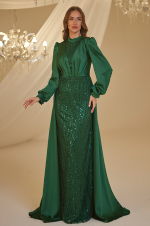 Emerald Satin Tail Kayra Evening Dress - Burak Baran