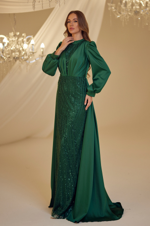 Emerald Satin Tail Kayra Evening Dress - 2