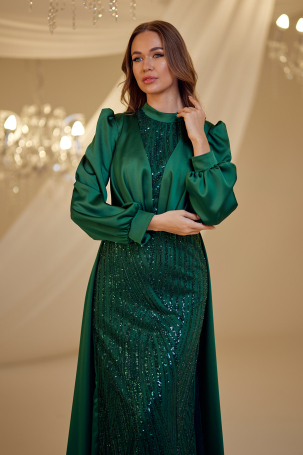 Emerald Satin Tail Kayra Evening Dress - 3