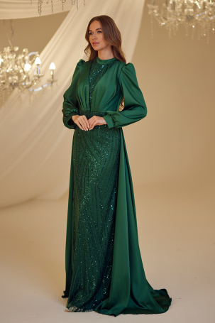 Emerald Satin Tail Kayra Evening Dress - 4