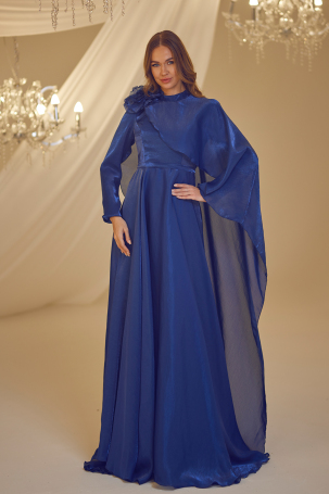 Floral Detail Cape Evening Dress - Navy 