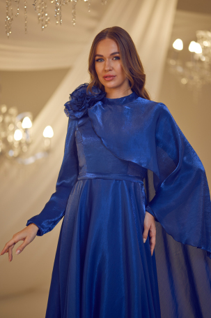 Floral Detail Cape Evening Dress - Navy - 3