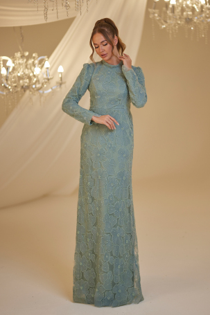 Floral Pattern Dream Evening Dress - Aqua Green - 1