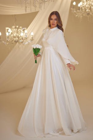 Flower Detail Cape Elegant Gown - White - 1