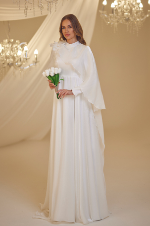 Flower Detail Cape Elegant Gown - White - 2