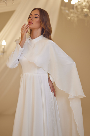 Flower Detail Cape Elegant Gown - White - 3