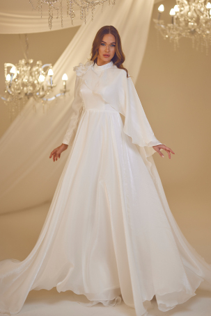 Flower Detail Cape Elegant Gown - White - 4