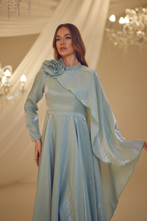 Flower Detail Cape Evening Dress - Mint - 3