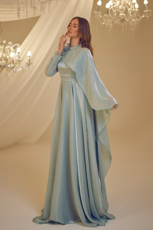 Flower Detail Cape Evening Dress - Mint - 4