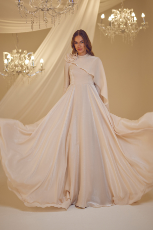 Flower Detail Cape Evening Gown - Mink - 2