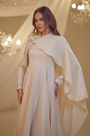 Flower Detail Cape Evening Gown - Mink - 3