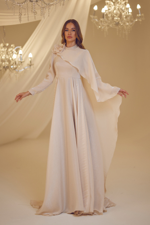Flower Detail Cape Evening Gown - Mink - 4