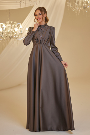 Front Draped Satin Elif Evening Dress - Anthracite - Burak Baran