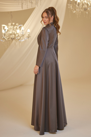 Front Draped Satin Elif Evening Dress - Anthracite - 2
