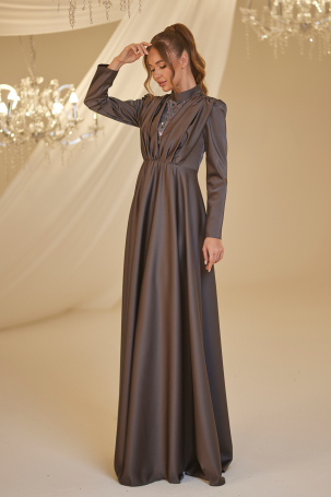 Front Draped Satin Elif Evening Dress - Anthracite - 4