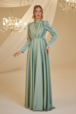 Front Draped Satin Elif Evening Dress - Aqua Green - Burak Baran