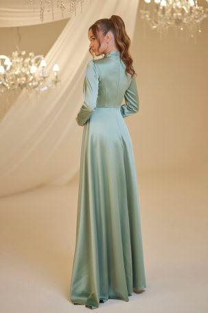 Front Draped Satin Elif Evening Dress - Aqua Green - 2